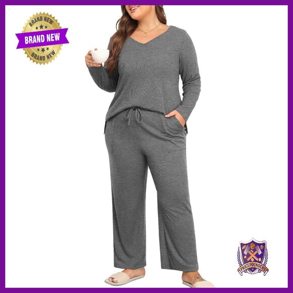 Plus Size Knit Lounge Set with Pockets V-Neck Top & Wide Leg Pants